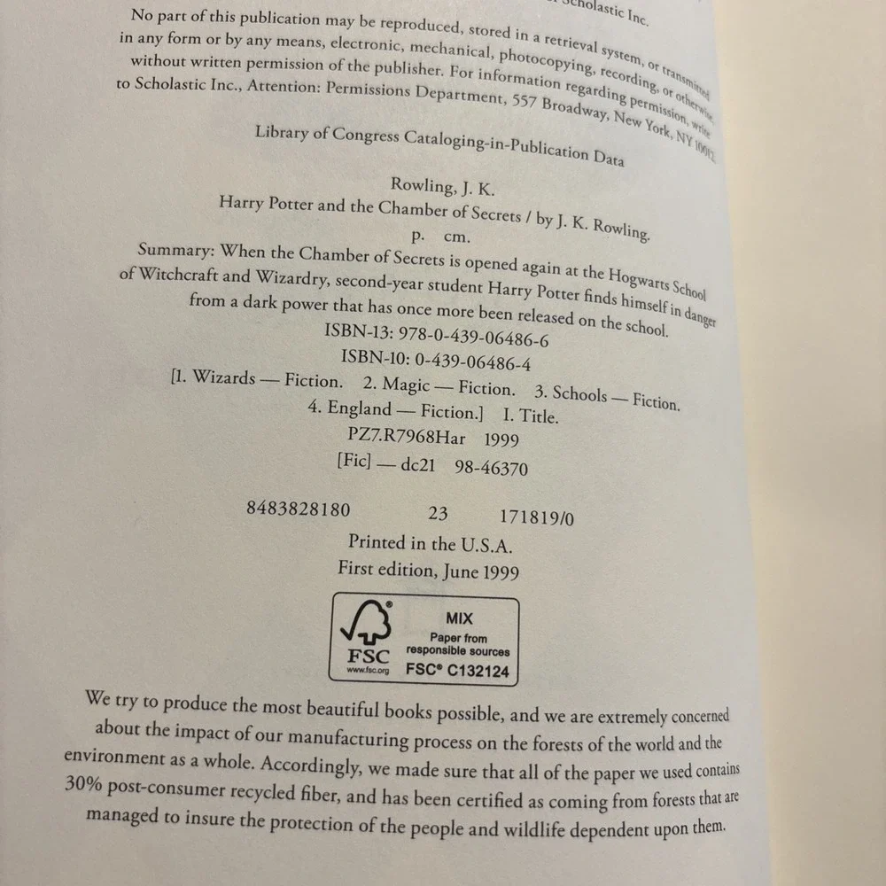 Harry Potter and the Chamber of Secrets J. K. Rowling (1st‎ Edition/First Print)